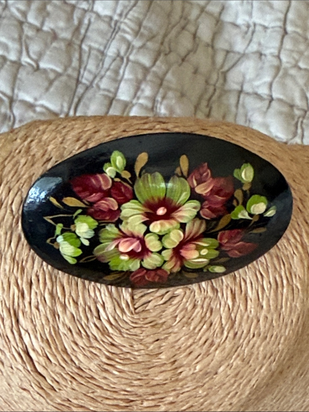 Hand painted vintage oval shaped flowers pink green magenta great clasp